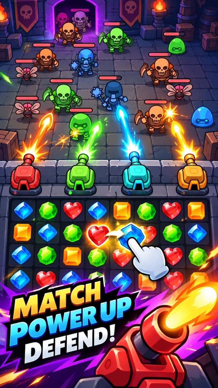 The Gemfire battle screen: four turrets on a wall above a gem board, firing at skeletons and slimes in a dungeon.