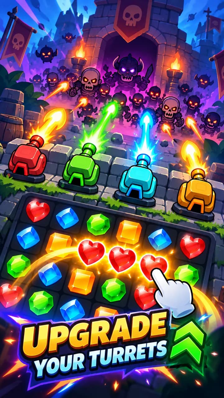 A row of upgraded turrets glowing on the wall, with a chain of red heart gems lighting up on the board below.